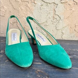 Saks Fifth Avenue Green Suede Slingback 2 inch Heels
